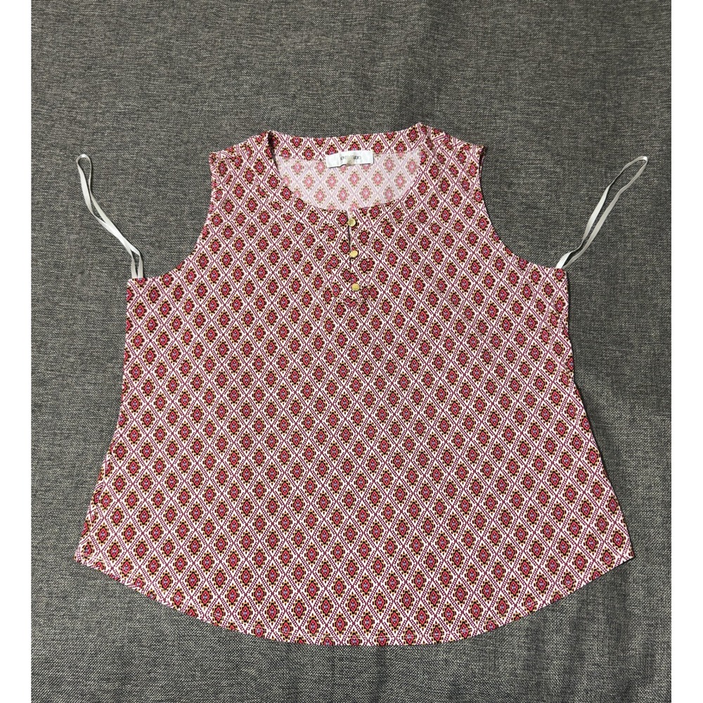 Jones Studio Women's 2X Tank Top Sleeveless Geometric Henley Red Multi